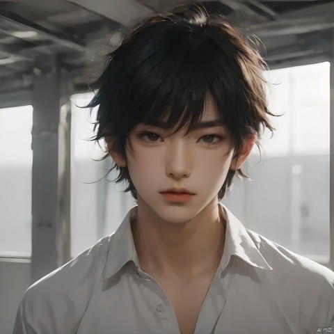 1boy,asian,black eyes,black hair,brown eyes,closed mouth,collared shirt,grey background,lips,Middle split head,standing,indoor,Close ups,looking at viewer,nose,realistic,shirt,Long hair,simple background,solo,white shirt,wing collar