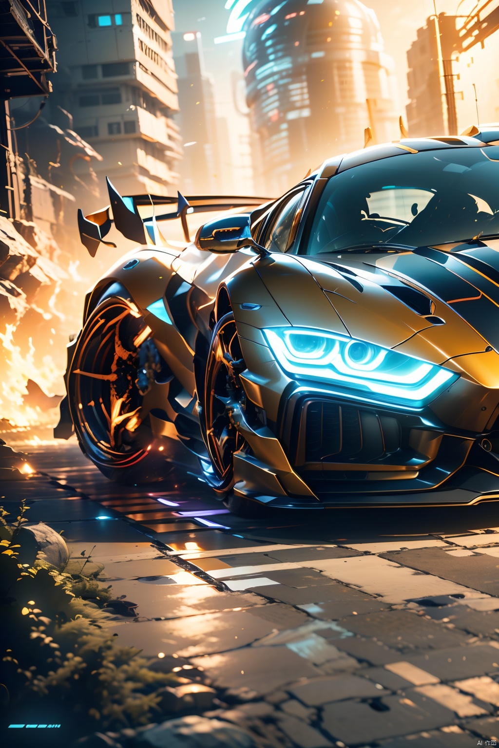 A super sports car, the front of which is facing the camera, has luminous headlights, multi-light sports car, luminous sports car, behind which there is a huge mecha, robot, multi-light mecha, luminous mecha, best quality, masterpiece, 8k, unreal 5 engine rendering.