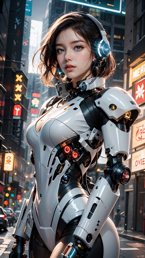  (best quality:1.3),(masterpiece:1.2),16k,1girl,blue eyes,brown hair,glowing,headphones,headset,looking at viewer,mecha,medium breasts,parted lips,Complex structure mecha,Blue glowing text on the chest,Full body silver white and black mecha,Metal mechanical collar,Robot arm,front,realistic,science fiction,short hair,solo,upper body,Above the abdomen,Mecha,Hard surface,Realistic materials,Glowing mecha,Multi light source mecha,night, 1girl