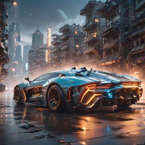 A super mecha combat vehicle, sports car, future technology, complex structure, luminous sports car, multi-light sports car, mecha structure, luminous headlights, line light on the car body, driving in the street, buildings, cities, ruins, smoke, depth of field, best quality, masterpiece, 8k., circuitboard
