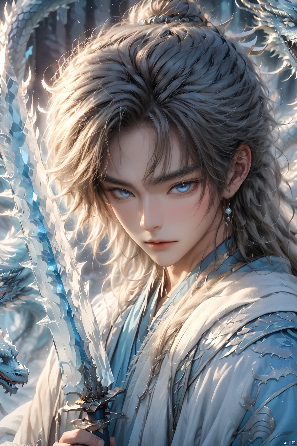  (masterpiece, best quality:1.5), 1boy, blue eyes, closed mouth, eyelashes, face, floating hair, glowing, holding,Ice Magic,Ice crystal,Icicles,ice,Chinese Ice Dragon, holding weapon,Chinese clothing, looking at viewer, male focus, solo, sword, weapon, white hair, 1BOY, glow