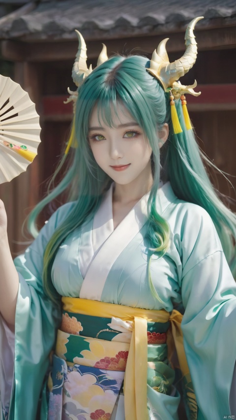 1girl, kiyohime \(fate\), solo, best quality, detailed, upper body, looking at viewer, holding fan, smile, dragon horns, closed mouth, yellow eyes, green eyes, hair between eyes, eyebrows visible through hair, long hair, green hair, aqua hair, bangs, kimono, wide sleeves, obi, folding fan, dragon girl, shaded face