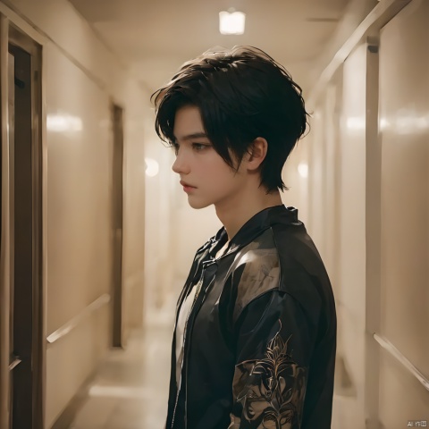 1boy,closed mouth,earrings,indoors,Short hair,tattoo,indoor,standing,corridor,Lateral body,Comb hair backwards,jewelry,looking at viewer,Long hair,solo,upper body