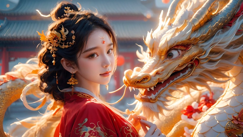 The girl and the Chinese dragon,Chinese dragon,1girl,blurry background,Chinese Hanfu,squama ,Dragon body coiled around the girl's body, dragon head close to her head, close-up photo taken,Golden Lantern Earrings,Golden Flower Earrings,Watching the audience,Silver metal headwear,White Dragon,Headwear,Little Dragon,close-up,Ultimate details,The hair on the faucet,Dragon horn,depth of field,dragon,earrings,jewelry, Chinese dragon, glow