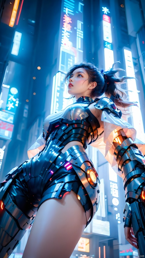  Girl, dynamic pose, body light, armor, (shot from below, between legs, looking at Lens: 1.5) , glowing clothing, shoulder mech, thigh mech, (thigh covered metal mech: 1.3) , lean body, above the knee, upper body, multi-light clothing, city, cyberpunk, depth of field, independence, bottom-up shots, architecture,A cyberpunk girl, hand