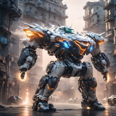 A super mecha combat vehicle, sports car, future technology, complex structure, luminous sports car, multi-light sports car, mecha structure, luminous headlights, line light on the car body, driving in the street, buildings, cities, ruins, smoke, depth of field, best quality, masterpiece, 8k.