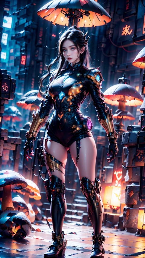  Zerg mecha (Queen), Mushroom Forest, mecha, armor, full body, mechanical arthropods, sharp armor, mushroom forest background, glowing mushrooms, shining mushrooms, multi mushrooms, gloves, complex armor, mecha, mechanical boots, standing, black long hair, sharp fingers, terrifying hand weapons, abnormal hands, mechanical spider legs behind, single ponytail, semi exposed thighs, ground, outdoor, blurry background, The purple glowing spot at the knee, 1girl, glow, mech,Steampunk mecha, Cuiyu Armor,机械耳机