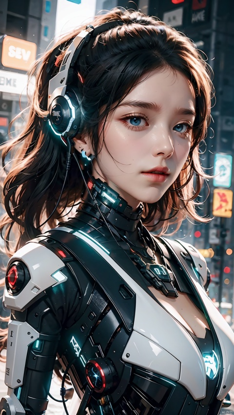 (best quality:1.3),(masterpiece:1.2),16k,1girl,blue eyes,blurry background,cyberpunk,glowing,long hair,parted lips,realistic,solo,The glowing text on the forehead,Slight chest exposure,The reverse L-shaped mechanical structure of mechanical earphones extending downwards,Full body white and black mecha,A luminous necklace,Luminous diamond shaped lens structure below the side of the chest,Luminescent anti L-shaped mechanical structure,Oblique side close-up,Mechanical body,upper body,Mecha,Hard surface,Streamlined mecha,Realistic materials,Luminous earphones,Mechanical earphones,Glowing mecha,Multi light source mecha,night,White hair, 1girl