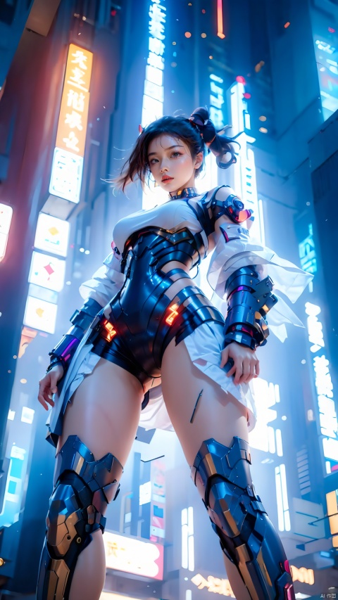  Girl, dynamic pose, body light, armor, (shot from below, between legs, looking at Lens: 1.5) , glowing clothing, shoulder mech, thigh mech, (thigh covered metal mech: 1.3) , lean body, above the knee, upper body, multi-light clothing, city, cyberpunk, depth of field, independence, bottom-up shots, architecture,A cyberpunk girl, hand