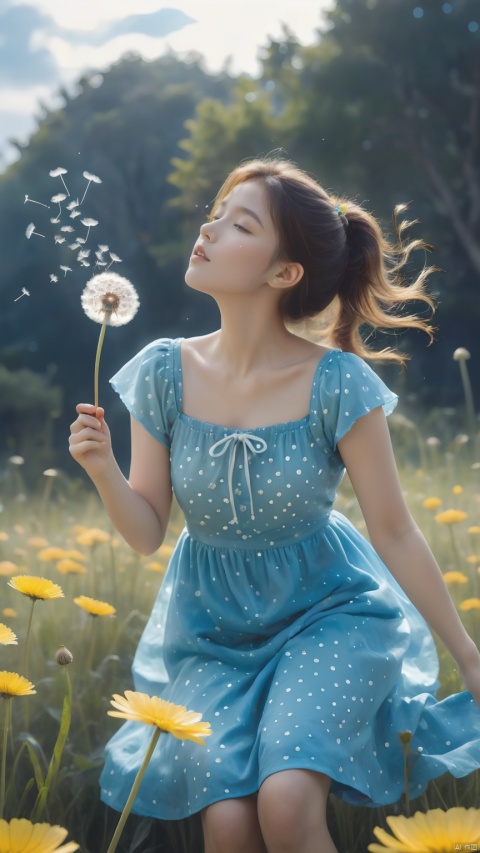 blue theme,Tie dyeing,A girl holding a dandelion flower, wearing a blue dress with white dots and yellow flowers on it, blowing away small petals in the style of light skyblue and pale aquamarine illustrations, a simple line drawing reminiscent of children's book illustrations and storybook art, with colorful cartooning and playful character design