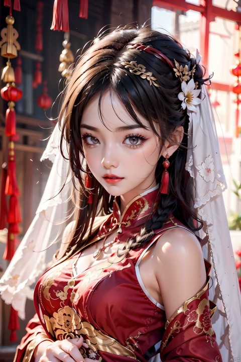  Bride in wedding attire,1girl,Red wedding dress, bare shoulders, black hair, blurry background, breasts, chinese clothes, closed mouth, curtains, depth of field,earrings,printing,necklace,earring,dowry,dragon， grey eyes, hair ornament, hairband, jewelry, lips, long hair, looking at viewer, medium breasts, own hands together, red lips, solo, tassel, upper body