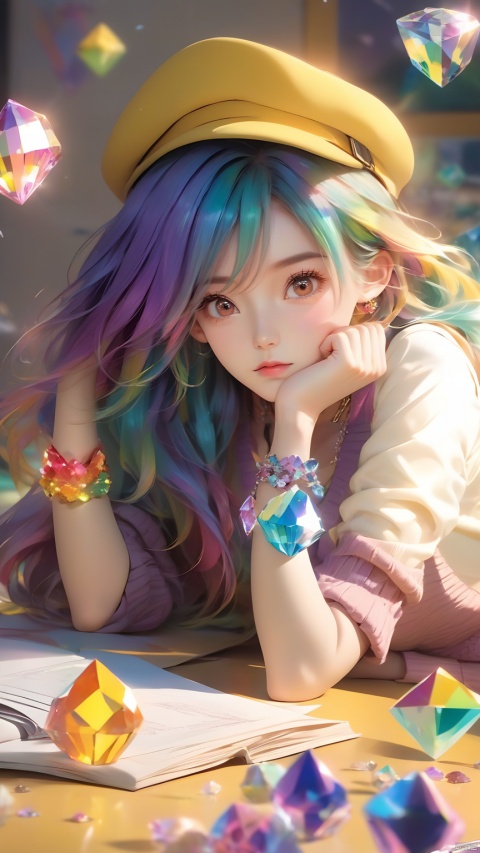 (masterpiece, best quali),1girl,brown eyes,classroom,crossed arms,desk,hat,indoors,Lying on the yellow desk,long hair,long sleeves,looking at viewe,sleeves past wrists,solo,sweater,Yellow vest,Crystal Girl, Colorful crystal decoration,Crystal necklace,Crystal on the body,Floating Colorful Crystal,Purple gradient hair,1girl, hand