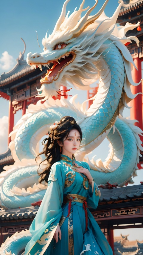 The girl and the Chinese dragon,Chinese dragon,1girl,black hair,blue sky,Chinese Hanfu,squama ,The hair on the faucet,Ultimate details,Dragon horn,The graceful and winding dragon body,breasts,The girl stood in front, with her upper body slightly tilted, looking at the camera,close-up,ancient Chinese architecture,The dragon's body coiled around the roof of a building,Close range,Aqua Blue Dragon,Open the dragon's mouth,chinese clothes,cloud,day,dragon,eastern dragon,long hair,ocean,scales,sky,teeth,water, Chinese dragon