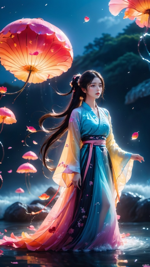 Surrealism Dream Style,glowing neon color,RAW photo,at night,1girl,solo,sea,black hair,ponytail,looking at viewer,long hair,up,lips,sash,water splaashing,hair ornament,realistic,wide sleeves,hanfu,long dress,Semi transparent gauze skirt,surrealist,Best quality,masterpiece,ultra high res,Petal skirt,wind,flowers,bloom,Clouds,smoke,neon lights,