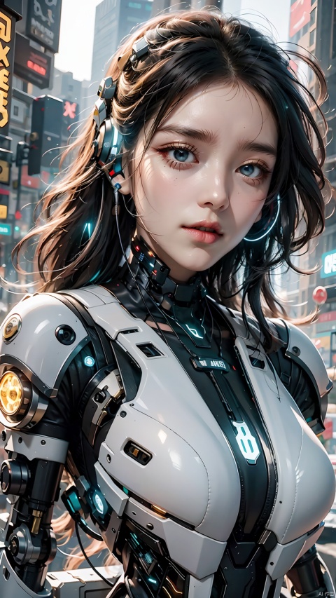(best quality:1.3),(masterpiece:1.2),16k,1girl,blue eyes,blurry background,cyberpunk,glowing,long hair,parted lips,realistic,solo,The glowing text on the forehead,Slight chest exposure,The reverse L-shaped mechanical structure of mechanical earphones extending downwards,Full body white and black mecha,A luminous necklace,Luminous diamond shaped lens structure below the side of the chest,Luminescent anti L-shaped mechanical structure,Oblique side close-up,Mechanical body,upper body,Mecha,Hard surface,Streamlined mecha,Realistic materials,Luminous earphones,Mechanical earphones,Glowing mecha,Multi light source mecha,night,White hair, 1girl