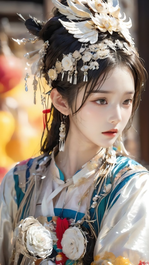  1girl,(Dynamic Pose:1.5),Chinese Yi ethnic clothing,Silver metal headwear,Yi ethnic metal jewelry,A Yi girl wears a gorgeous silver headdress, exquisite yi costumes, silver jewelry on her hands, showing perseverance and wisdom in her eyes, 1girl, hand