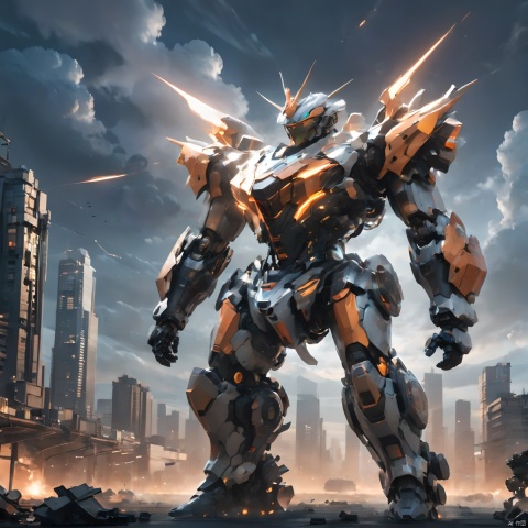  (masterpiece, best quality:1.2), Giant mecha, Vital Suits , building, city, city lights, cityscape, cloud, cloudy sky, destruction, evening, glowing, Luminous mecha, Complex mecha structure, White, orange, and black mecha, Strong mecha body, Multi light source mecha, Giant mecha firearms, full body, Super complex mechanical structure, holding gun, mecha, mountain, no humans, outdoors, power armor, realistic, ruins, science fiction, sky, skyline, skyscraper, smoke, weapon, 1girl,