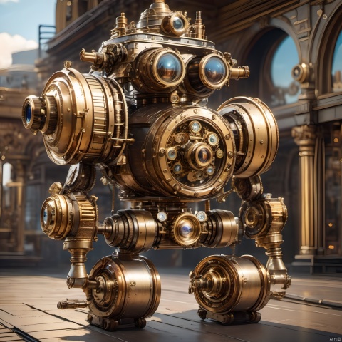 Best quality, masterpiece, steampunk, steampunk world, a steampunk robot, steampunk architectural background, complex structure, super detail, metallic texture, high reflection, super wide-angle lens,