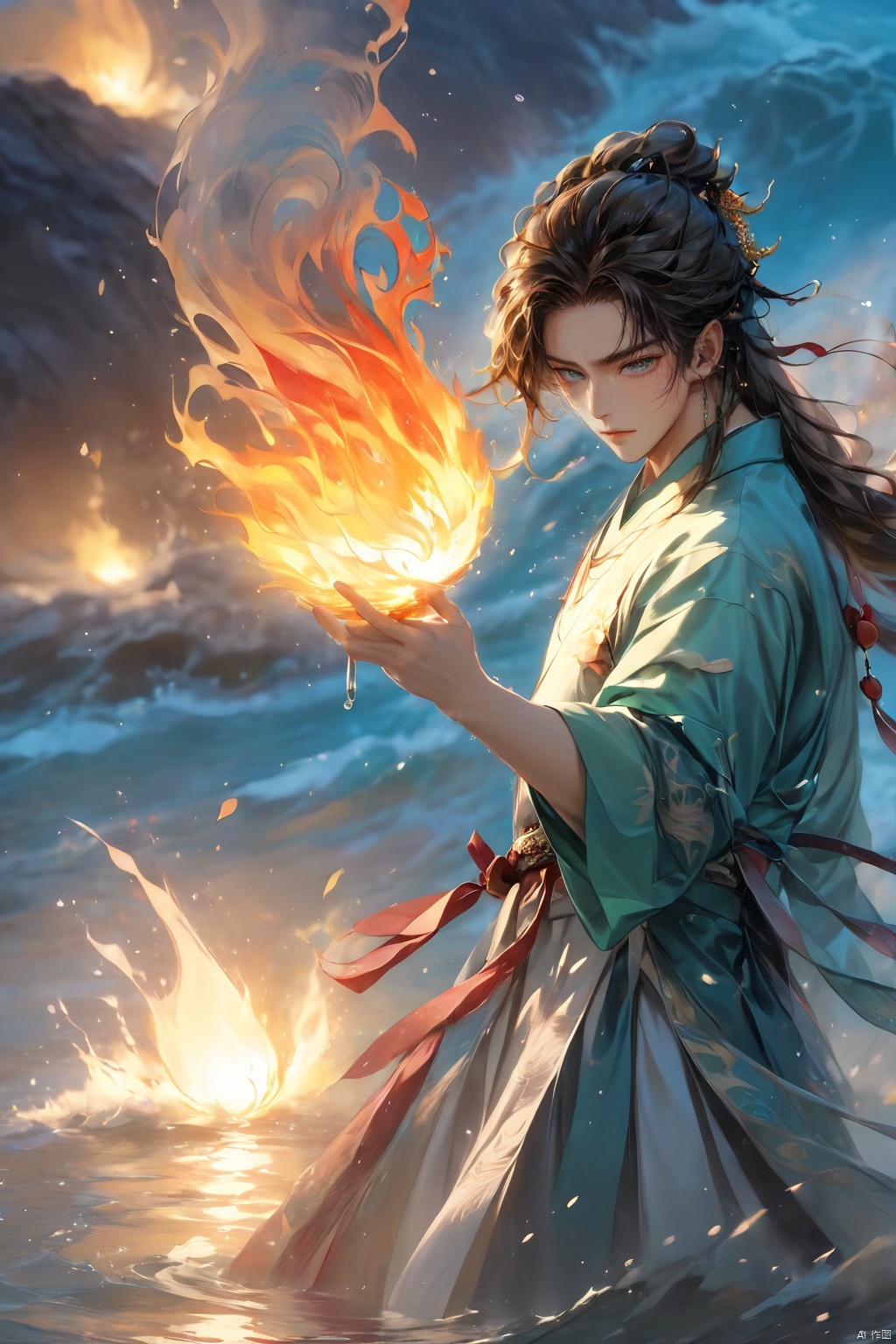 1 boy, upper body, dynamic pose, hanbok,  burning hair, shut up, evening, fire, fire, floating hair, liquid, flowing water, water magic, liquid fire, long hair, looking at the audience, ocean, partially submerged, ripples, solo, water, droplets, waves, moisture