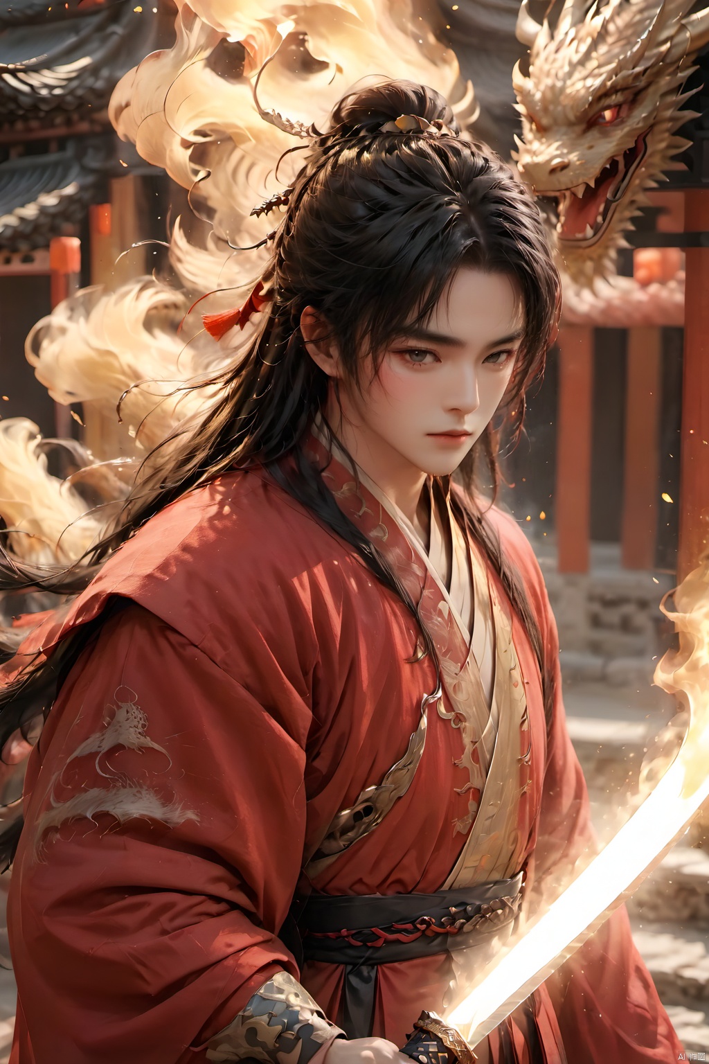  (masterpiece, best quality:1.5), smoke dragon,1boy, black hair, Breathing fire, combustion, ember, whole body, Keep, Keep sword, Keep arms,dark magic,Ancient Chinese Hanfu, long hair, long sleeves, looking at the audience, male focus, Red theme, alone, Permanently installed, sword, very long hair, arms, 1BOY