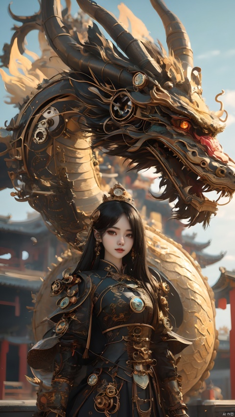 Steampunk,Machinery Chinese dragon,1girl,black hair,dragon,dragon horns,details,The guardrail blocks the girl's feet,Looking at the camera,Mid to Long Range,Hanfu,Precision structure,long hair,open mouth,scales,standing,teeth,very long hair