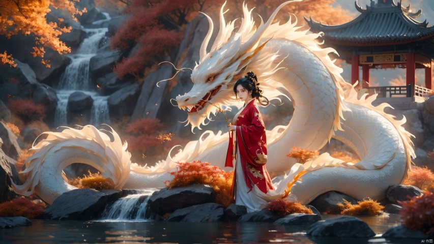 The girl and the Chinese dragon,Chinese dragon,1girl,autumn,autumn leaves,Chinese Hanfu,squama ,The hair on the faucet,Ultimate details,Dragon horn,The graceful and winding dragon body,black hair,dragon,Shuitan,dragon horns,The girl stood on a stone by the pool, leaning sideways, appearing small and full body,eastern dragon,horns,long hair,rock,scales,splashing,standing,very long hair,wading,water,waterfall, Chinese dragon, glow