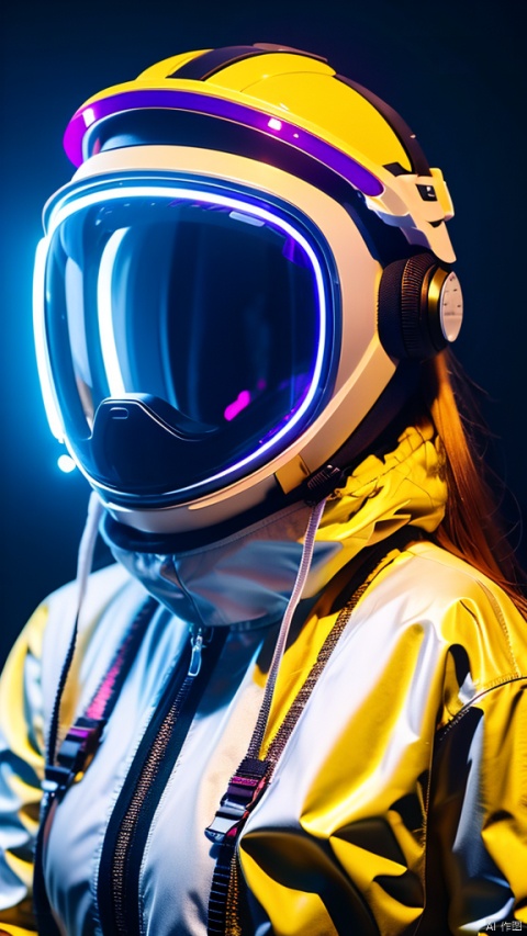  1girl,glowing,Cyberpunk protective clothing,Cyberpunk gas mask,Cyberpunk protective helmet,A glowing helmet,helmet,Neon lights,Silver gray helmet,Mask screen similar to VR glasses,Complex structure helmet,(night:1.2),Oblique lateral body,A glowing mask screen,Neon color,full body,girl pose,sitting,Cyberpunk,pilot suit,realistic,science fiction,solo,best quality,masterpiece,16k, glow,moyou