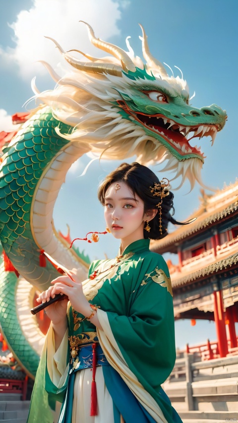 The girl and the Chinese dragon,Chinese dragon,1girl,bare shoulders,black hair,Chinese Hanfu,squama ,The hair on the faucet,Ultimate details,Dragon horn,The graceful and winding dragon body,blue sky,bracelet,Open the dragon's mouth,Close range,Green Dragon,close-up,A dragon hovering in the air,The girl stood in front, wearing a green Hanfu, upper body, looking at the audience,ancient Chinese architecture,breasts,day,The camera looks up from below,dragon,dragon horns,earrings,eastern dragon,jewelry,midriff,navel,outdoors,scales,sky,teeth, Chinese dragon