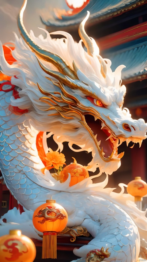 Chinese dragon,cloud,dragon,open mouth,Close up of the dragon head,White Dragon,squama ,Ultimate details,The hair on the faucet,Dragon horn,Chinese Hanfu,orange eyes,sharp teeth,teeth, Chinese dragon