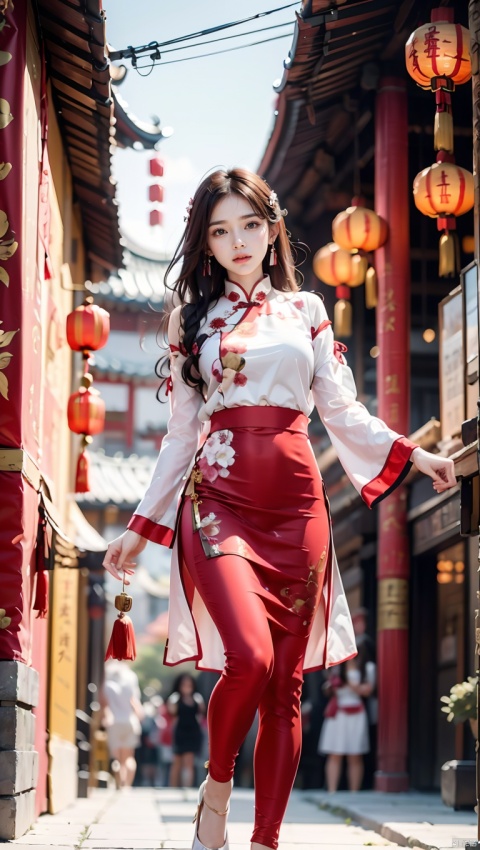 1girl,Chinese New Year,Welcoming Spring Girl,Spring welcome clothing,Hanfu,Chinese knot,Red Theme,White top,Big long legs,Red skirt,The huge mecha building behind it,full body,front,Animal mechs crossing over their feet,Tassel earrings,Looking up,Red leggings,ancient Chinese architecture,Red Lantern,Zhang Deng Jie Cai,Full of joy and joy,Spring Festival couplets,Ancient Chinese script,Brown eyes,Clothing printing, Bride in wedding attire