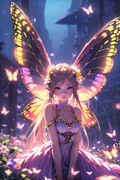  1girl,Butterflies on the Head, antennae, blue butterfly, blue wings, blurry, blurry background, brown hair, butterfly, butterfly hair ornament, butterfly on hand, butterfly wings, cleavage, fairy, fairy wings, flower, flying, glowing butterfly, glowing wings, green wings, hair ornament, ice wings, insect wings, lips, long hair, medium breasts, motion blur, multicolored wings, nature, pink wings, pointy ears, purple wings, solo, transparent wings, white butterfly, white wings, wings, yellow butterfly, yellow wings,Dawn Elf,dawn,glow,Glowing wings,Dress,Multiple butterflies,Glowing Butterfly,Super large wings, pink fantasy, mLD, guidao