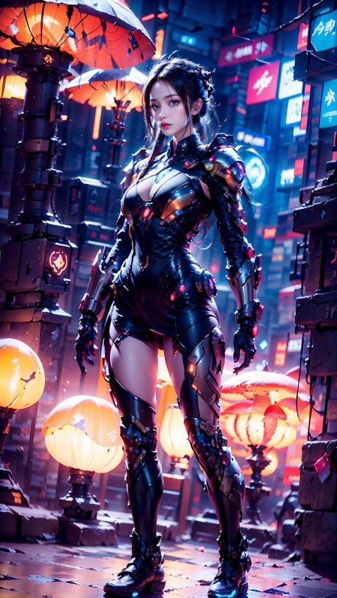  Zerg mecha (Queen), Mushroom Forest, mecha, armor, full body, mechanical arthropods, sharp armor, mushroom forest background, glowing mushrooms, shining mushrooms, multi mushrooms, gloves, complex armor, mecha, mechanical boots, standing, black long hair, sharp fingers, terrifying hand weapons, abnormal hands, mechanical spider legs behind, single ponytail, semi exposed thighs, ground, outdoor, blurry background, The purple glowing spot at the knee, 1girl, glow, cyberhanfu, mech,Steampunk mecha, Cuiyu Armor,机械耳机