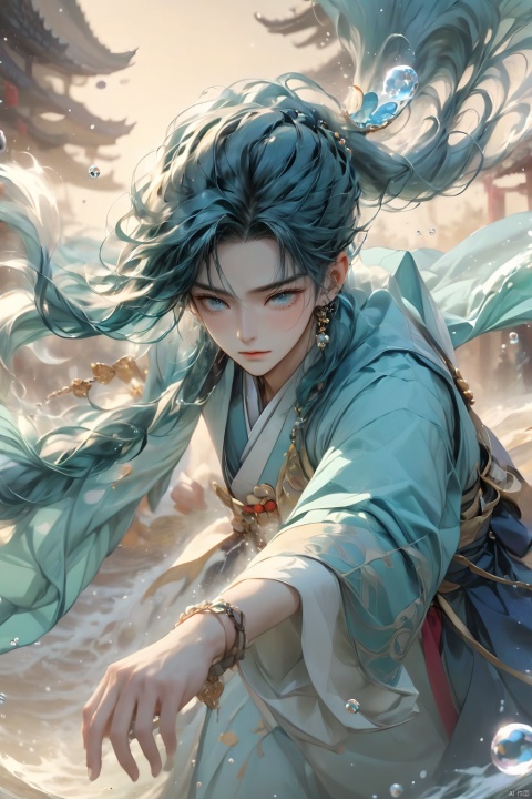 1 boy, upper body, above thigh, front, dynamic posture, hanbok, floating, bubbles, aqua hair, blue hair, foam, floating hair, jewelry, long hair, look at the audience, male focus, fluid, water Magic, fluid hair, running water, necklaces, oceans