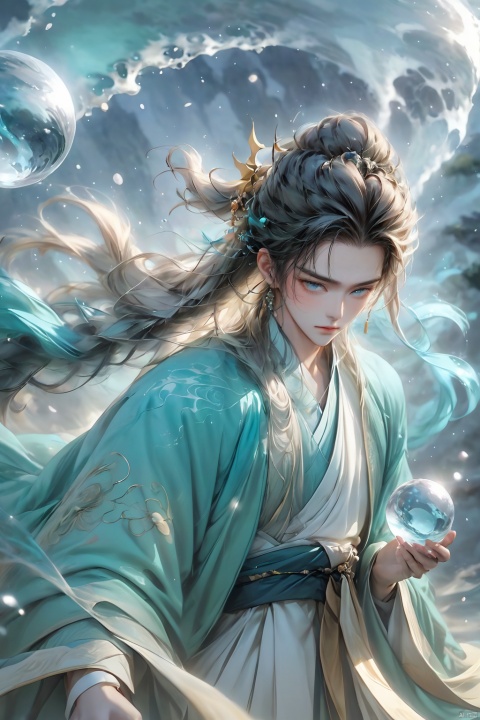 Wind Magic, 1 boy, dynamic pose, release wind spiral ball, cyan energy spiral ball, spiral, water color hair, depth of field, eyelashes, hair accessories, jewelry, lips, long hair, watch audience, reality, solo, upper body, water, ancient Chinese Hanfu, wind, glow