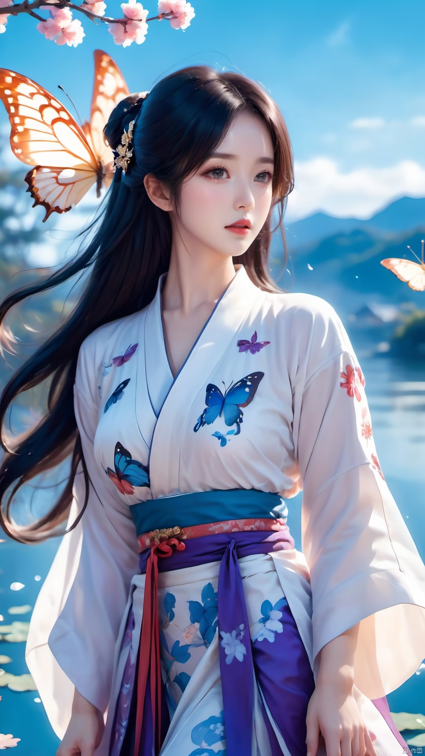 line art,line style,as style,best quality,masterpiece, The image features a beautiful anime-style illustration of a young woman. She has long black hair and is dressed in a traditional Chinese outfit. The outfit consists of a white top with blue and purple accents, a long skirt, and a butterfly-shaped mirror in her hand. She stands against a backdrop of a clear blue sky and a body of water, with butterflies fluttering around her. AI painting pure tag structure: anime, art, illustration, traditional clothes, blue, white, long hair, black hair, butterfly, mirror, sky, water