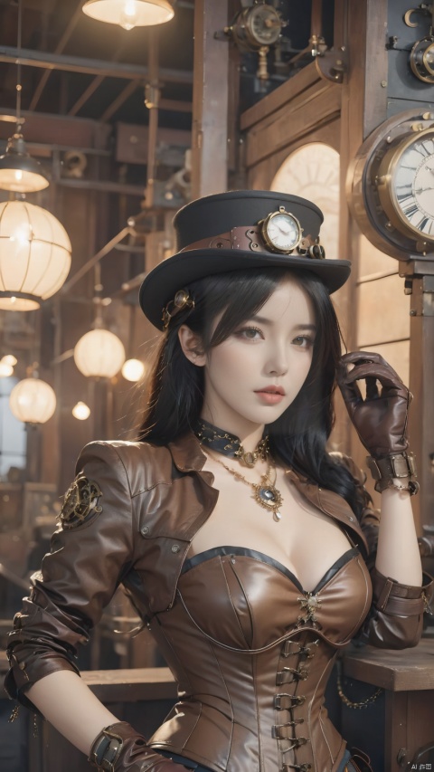 1girl,hat,solo,belt,jewelry,black hair,necklace,steampunk,corset,jacket,masterpiece,best quality,unity 8k wallpaper,8k,ultra high res,brown gloves,