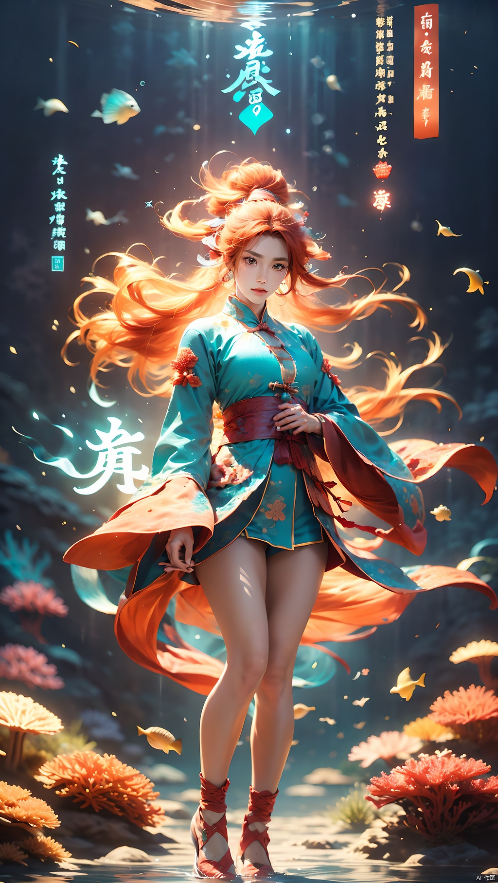 Coral Girl, a woman wearing blue and orange clothing standing in front of a coral reef, 1 girl, fiery red hair, full body, jewelry, long hair, makeup, orange hair, solo, standing, water, floating coral behind, super many corals, dynamic posture, floating hair, Wen Dao Sheng Zun, Multi energy text,Energy pairing,Glowing Text,Transparent text,The Energy Behind Chinese Characters 