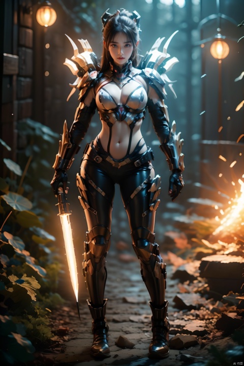  Zerg Mech (Queen),Armor,full body,Mechanical arthropods,Sharp armor,glove,Complex armor,Calf mecha,standing,Holding a glowing weapon in his hand,ground,Blur background,Tight fitting clothing,Navel,Half exposed chest,The cow horn mecha structure on the shoulder armor,The mechanical spider legs behind it,Black longhair,机械耳机, glow, 1girl,