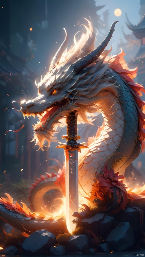 A magic sword locked by a chain, game RPG inventory sword icon, with a glowing dragon surrounding the sword in the background, the hilt has silver and black engraved runes, glowing, the blade is complete, slender, tall Resolution, detailed, high quality, 3D model, game assets, Chinese dragon pattern on the handle, solid color background, ultra-detailed, surreal style, 3D rendering Unreal Engine 5 style. to kostay, 1girl, Chinese dragon, glow