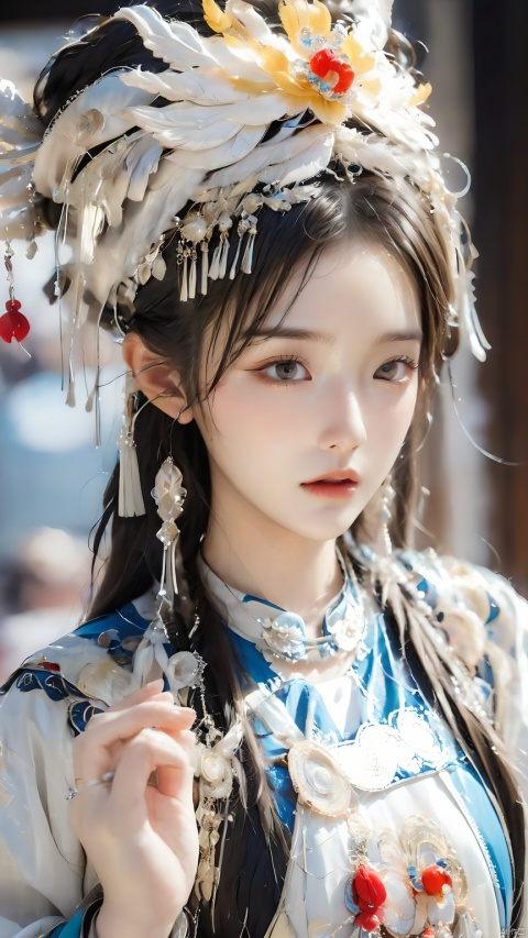  1girl,(Dynamic Pose:1.5),Chinese Yi ethnic clothing,Silver metal headwear,Yi ethnic metal jewelry,A Yi girl wears a gorgeous silver headdress, exquisite yi costumes, silver jewelry on her hands, showing perseverance and wisdom in her eyes, 1girl, hand