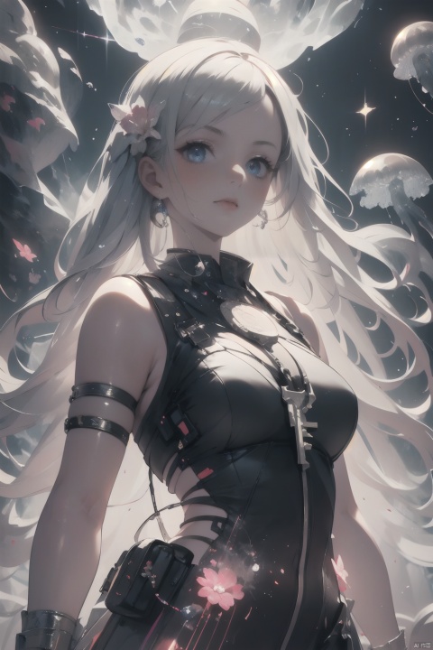  1girl,wearing Collectable Space Age Pearlescent Bracers, soft focus, Modern Art, （key light：1.2）,flower,jellyfish, Grayscale, glittering, runes,( Light streaks:1.3), （highly detailed：1.3）, 8K,jellyfishforest,,Fractal,smoke, cloud,Soaring through the clouds and mist, Colored hair,Colored smoke