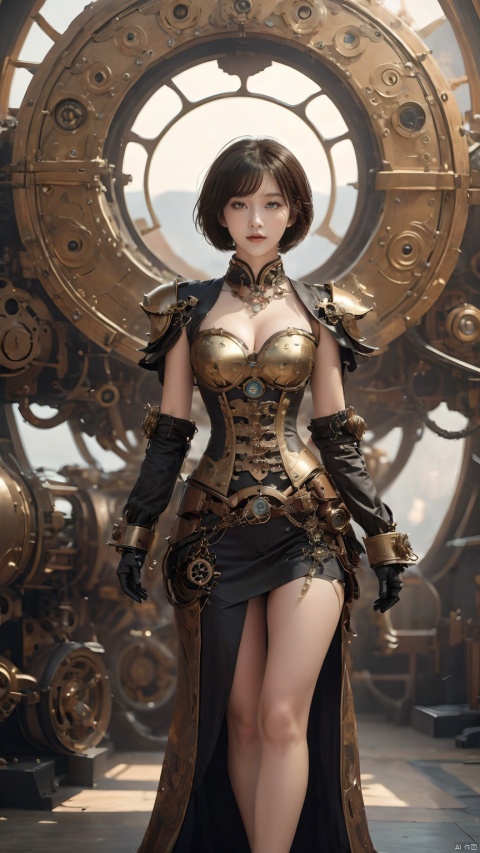 Complex mechanical structure of the Chin,Steampunk,Machinery Chinese Loong,1girl,breasts,cleavage,fantasy,details,strapless ,Slightly sideways, upper body, above buttocks, looking at the camera,armor,Precision structure,jewelry,lips,looking at viewer,medium breasts,short hair,upper body
