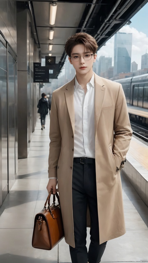 1boy, monochromatic clothing, modern architecture, mobile phone or laptop, frameless glasses, wallet, watch, high-end leather bag, flat shoes, gray tone, coffee shop, modern art museum, design studio, urban scenery, skyline, subway station, 1girl