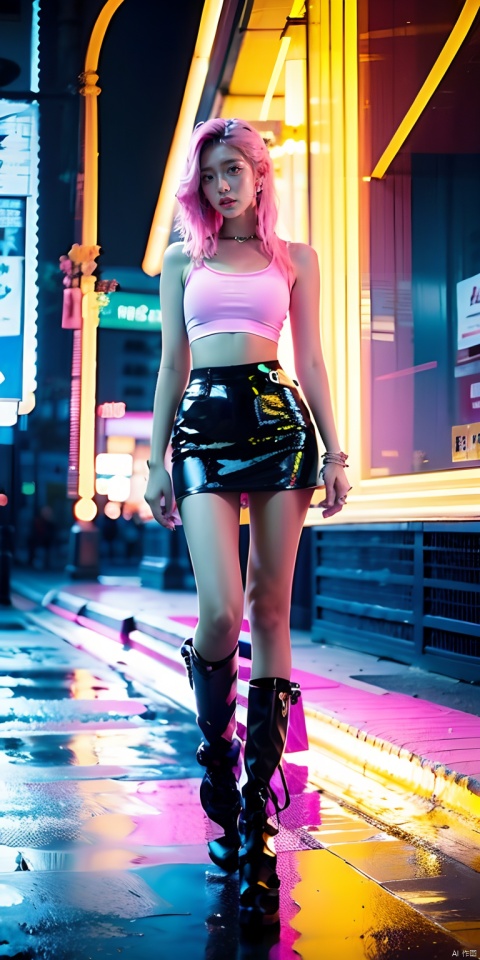 (best quality:1.3),(masterpiece:1.2),16k,Neon light background,Cyberpunk background,Cyberpunk,The lighting effect reflected by neon lights on the character's body,Neon lighting effect,Neon Line Light,1girl,night,boots,bracelet,breasts,cyberpunk,full body,jewelry,looking at viewer,medium breasts,midriff,navel,neon lights,pink hair,skirt,solo,standing,watch