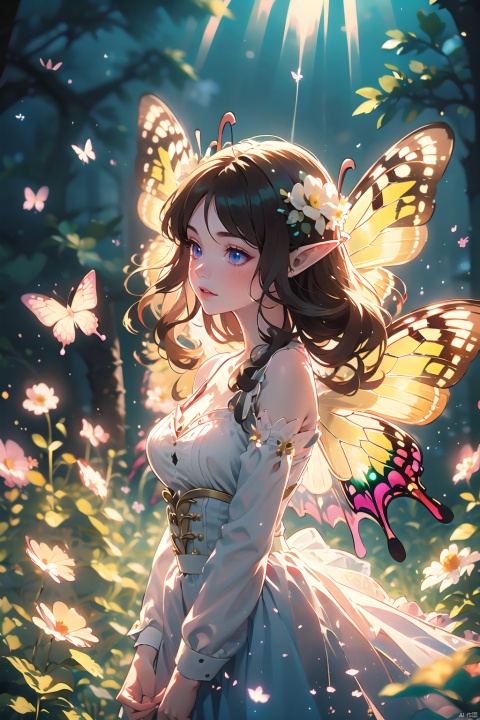  1girl,Butterflies on the Head, antennae, blue butterfly, blue wings, blurry, blurry background, brown hair, butterfly, butterfly hair ornament, butterfly on hand, butterfly wings, cleavage, fairy, fairy wings, flower, flying, glowing butterfly, glowing wings, green wings, hair ornament, ice wings, insect wings, lips, long hair, medium breasts, motion blur, multicolored wings, nature, pink wings, pointy ears, purple wings, solo, transparent wings, white butterfly, white wings, wings, yellow butterfly, yellow wings,Dawn Elf,dawn,glow,Glowing wings,Dress,Multiple butterflies,Glowing Butterfly,Super large wings, pink fantasy, mLD