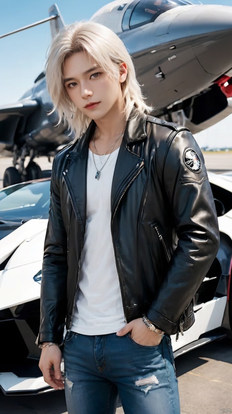 1boy, leather jacket, tight fitting T-shirt, ripped jeans, fashionable boots, white long hair, airplane head, bracelet, (supercar: 1.3), super mech tank, auto show