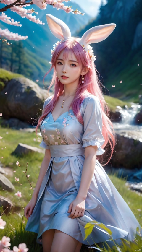 masterpiece,best quality,official art,extremely detailed CG unity 8k wallpaper,realistic,light rays,light particles, 1girl,solo,1boy,medium chest,dress, in a meadow,stream,mountain,cherry_blossoms,flower,outdoors, long_hair,earrings,hair_ornament,rabbit ears,pink hair, dynamic pose,looking at viewer,