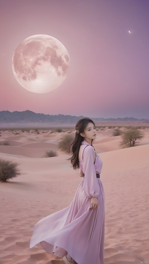 desert_sky,1girl,full moon,scenery,desert,pink-purple sky,star,more detail XL,xxmixgirl, xxmix_girl, monkren, qingyi,