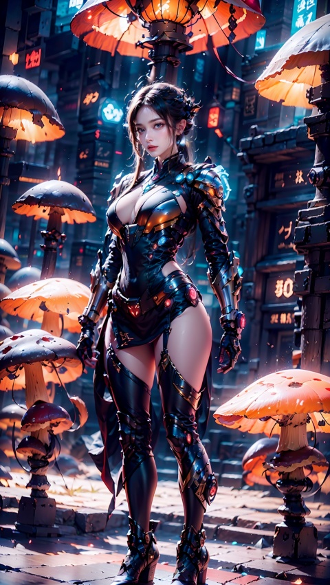  Zerg mecha (Queen), Mushroom Forest, mecha, armor, full body, mechanical arthropods, sharp armor, mushroom forest background, glowing mushrooms, shining mushrooms, multi mushrooms, gloves, complex armor, mecha, mechanical boots, standing, black long hair, sharp fingers, terrifying hand weapons, abnormal hands, mechanical spider legs behind, single ponytail, semi exposed thighs, ground, outdoor, blurry background, The purple glowing spot at the knee, 1girl, glow, cyberhanfu, mech,Steampunk mecha, Cuiyu Armor,机械耳机