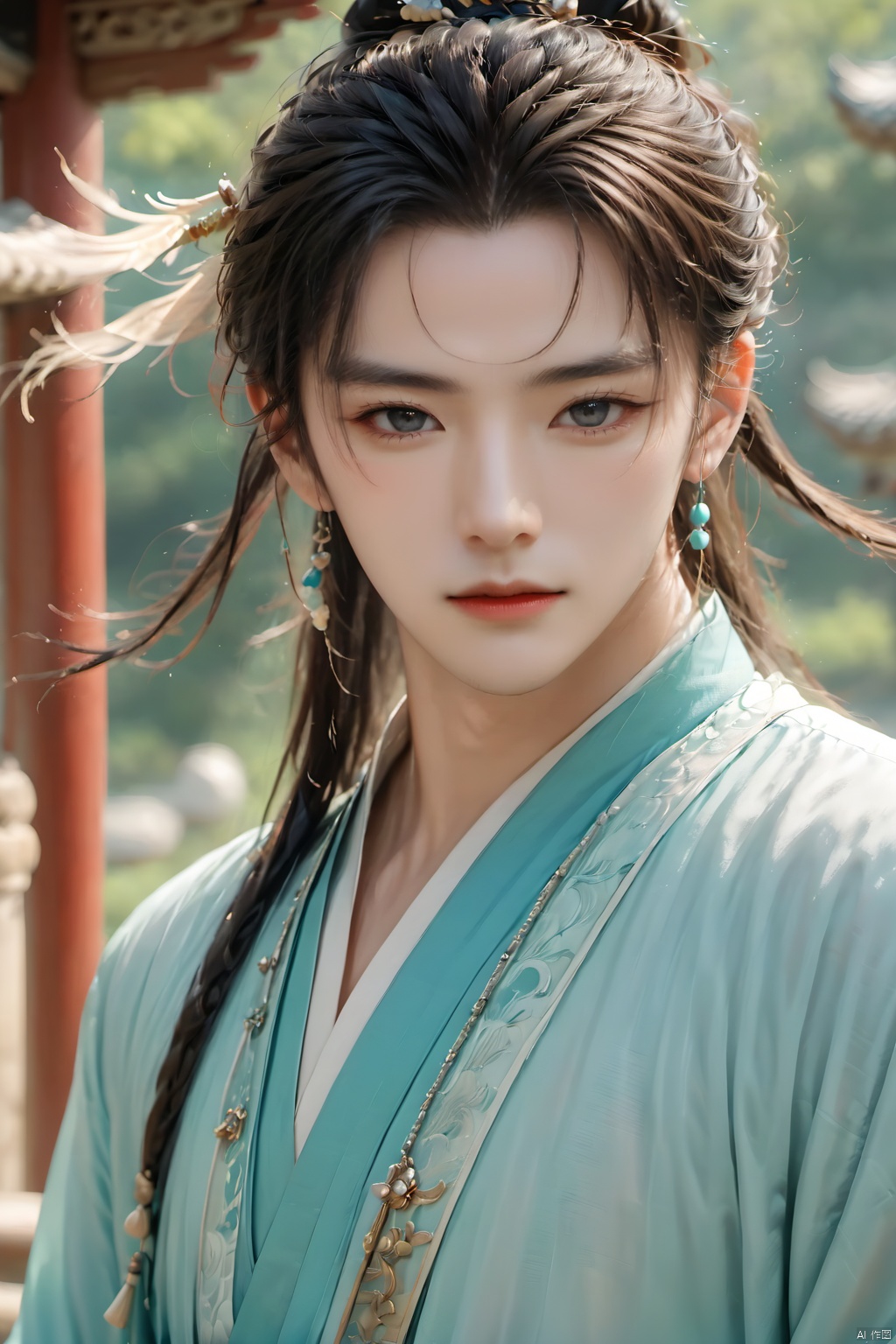  (masterpiece, best quality:1.5), Wind Magic,Ancient Chinese men,1boy, aqua hair, blurry, blurry background, blurry foreground, closed mouth, depth of field, eyelashes, hair ornament, jewelry, lips, long hair, looking at viewer, realistic, solo, upper body, water,Ancient Chinese Hanfu,wind, 